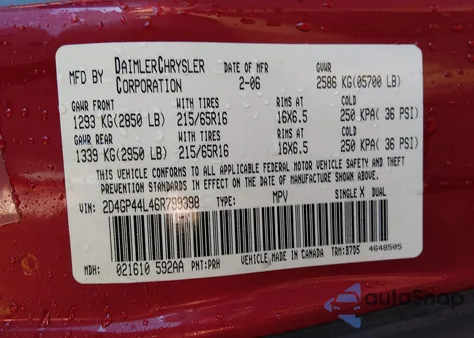 2006 Dodge Grand Caravan Sxt из США, поврежденный, VIN 2D4GP44L46R799398